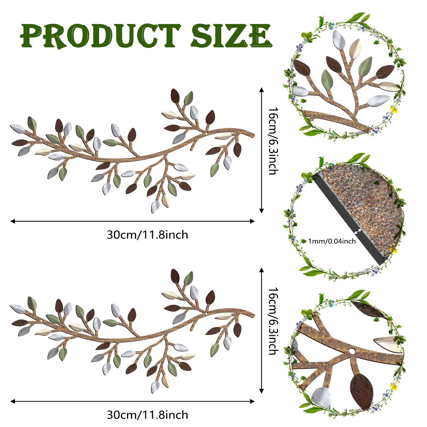 2 PCS Metal Tree Leaf Wall Decor Vine Olive Branch Wall Art Wrought Iron Scroll Sculptures Above the Bed, Living Room, Outdoor Decoration Multicolor