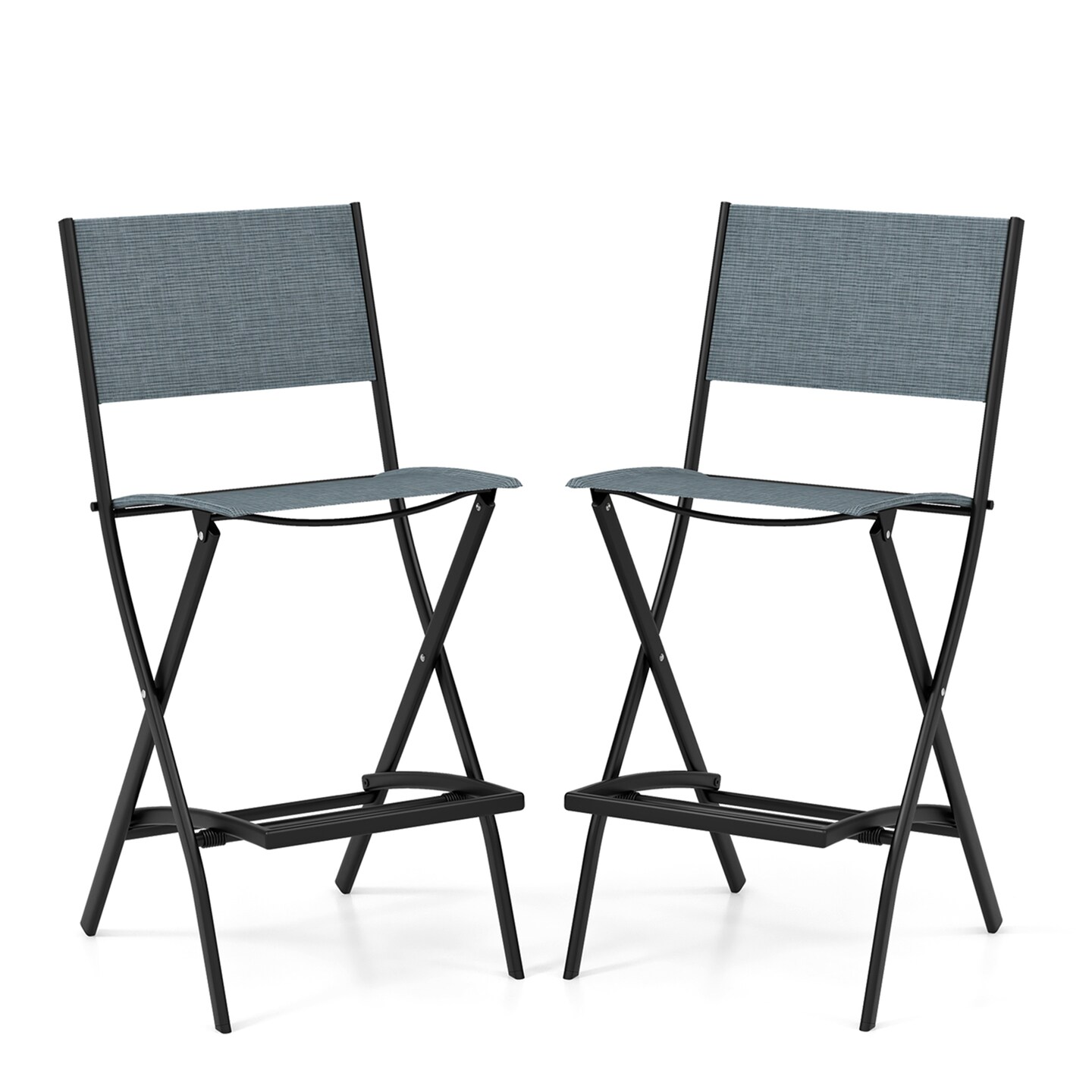 Costway Set of 2 Outdoor Bar Chair Folding Bar Height Stool with Metal Frame Blue/Coffee