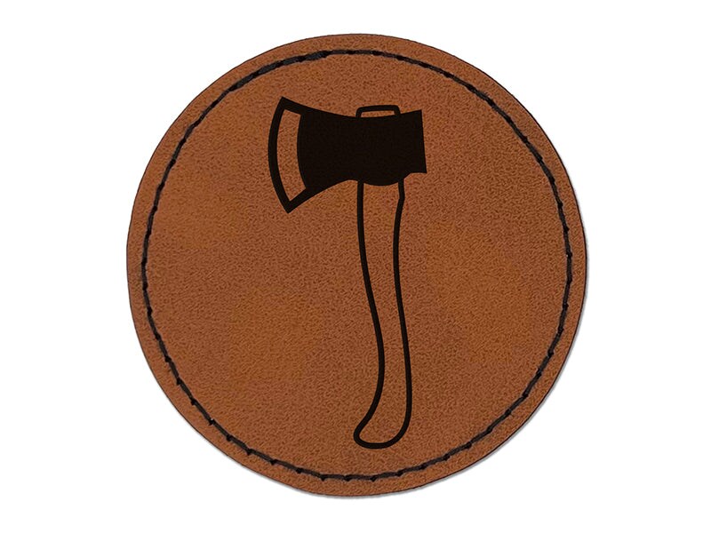Wood Cutting Axe Round Iron-On Engraved Faux Leather Patch Applique - 2.5&#x22;