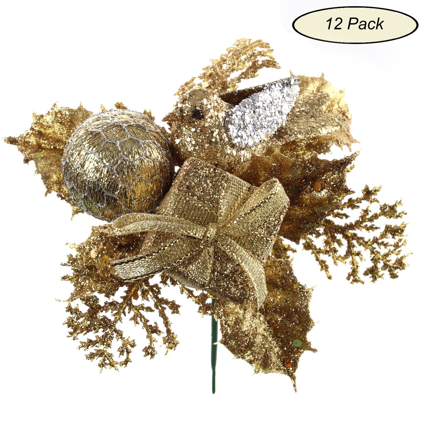 Sparkling Gold Glitter Picks with Dove Bird, Gift Box, &#x26; Ornament Ball | Holiday Xmas Accents | Trees, Wreaths, &#x26; Garlands | Christmas Picks | Party &#x26; Event | Home &#x26; Office Decor (Set of 12) - 2024 Christmas Collection - 2024 Christmas Collection, Fl