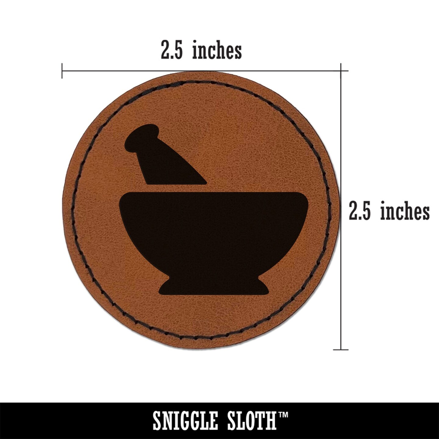 Mortar and Pestle Pharmacy Alchemy Icon Round Iron-On Engraved Faux Leather Patch Applique - 2.5&#x22;