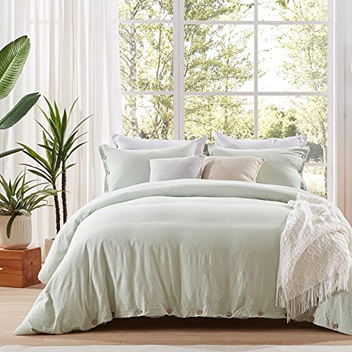 Sage Green Duvet Cover Sets Queen Size 3 Piece Double Brushed Microfiber Queen Duvet Cover with Button Closure &#x26; Corner Tie 1 Breathable and Soft Duvet Cover 90x90 inches + 2 Pillow Shams