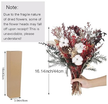 Dried Christmas Flowers 52 Pieces Dried Red Flowers Bouquet with Pine Cone Bunny Tails Grass Red Eucalyptus Plants for Home Wedding Table Gifts Christmas Kitchen Party Decoration (16.5&#x22;)