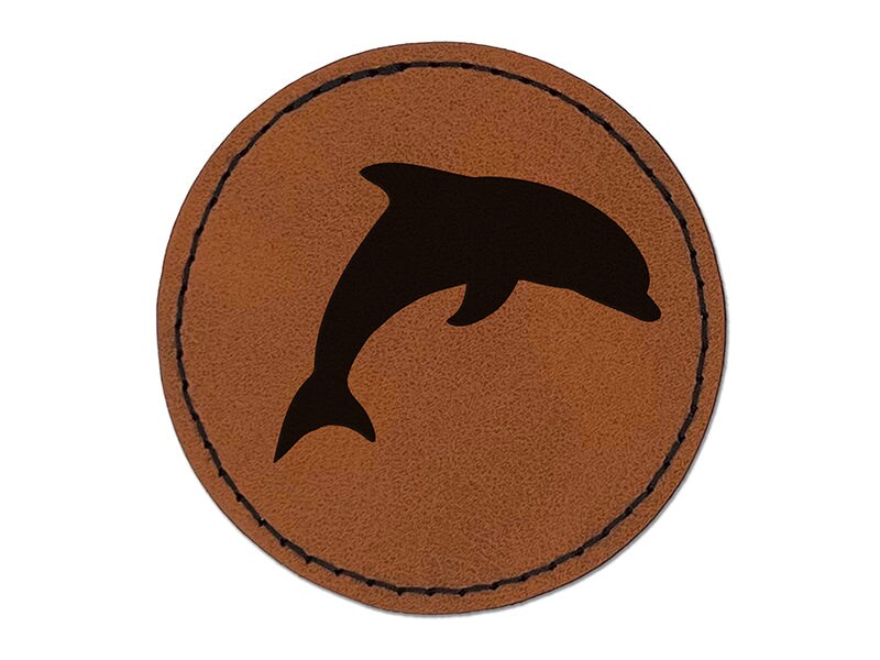 Dolphin Solid Round Iron-On Engraved Faux Leather Patch Applique - 2.5&#x22;