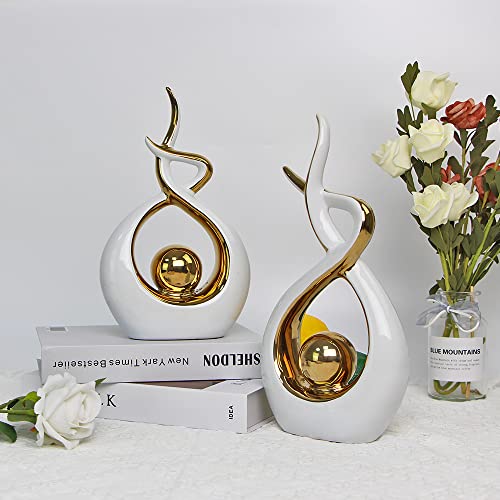 1 Pack Home Decor Modern Abstract Art Ceramic Statue Table Decorations for Dining Room Living Room Office Centerpiece (White and Gold, Small)