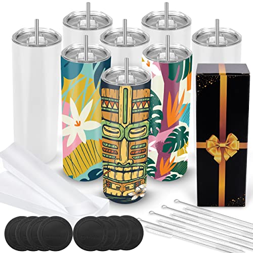 8 Pieces Sublimation Tumblers Blank 20 oz Straight Skinny Bulk for Heat transfer, Double Wall Insulated Tumbler with Lids, Straw, Rubber Bottoms, Individually Gift Boxed and Shrink Wrap Films