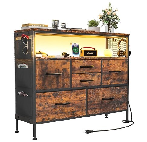 Fabric Chest of Drawers, Rustic Brown, 6 Drawer Dresser with Side Pockets &#x26; Hooks, Wide Dresser with Shelves for 45&#x22; TV, TV Stand for Bedroom with Power Outlets and LED Light
