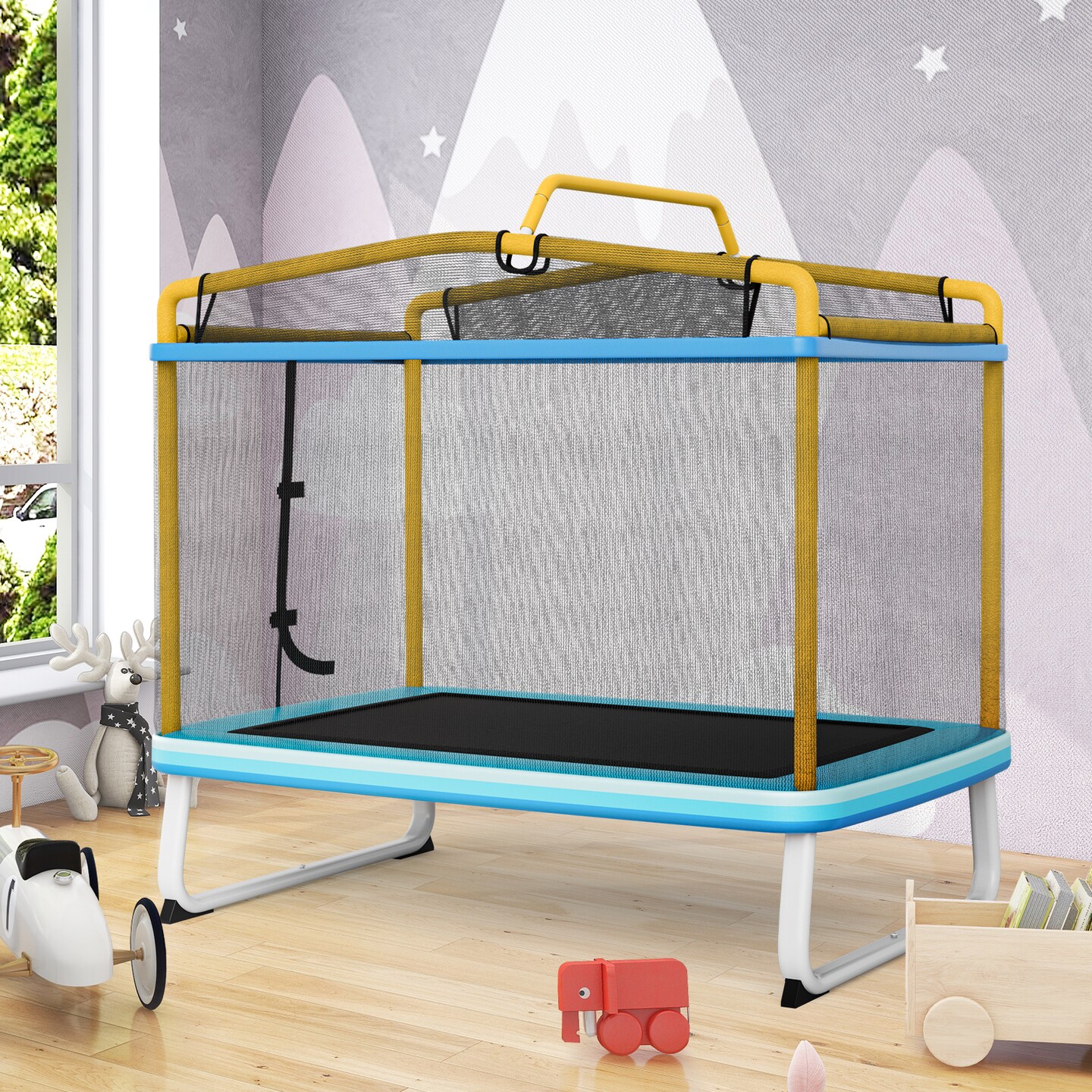 Rectangle Trampoline with Swing Horizontal Bar and Safety Net
