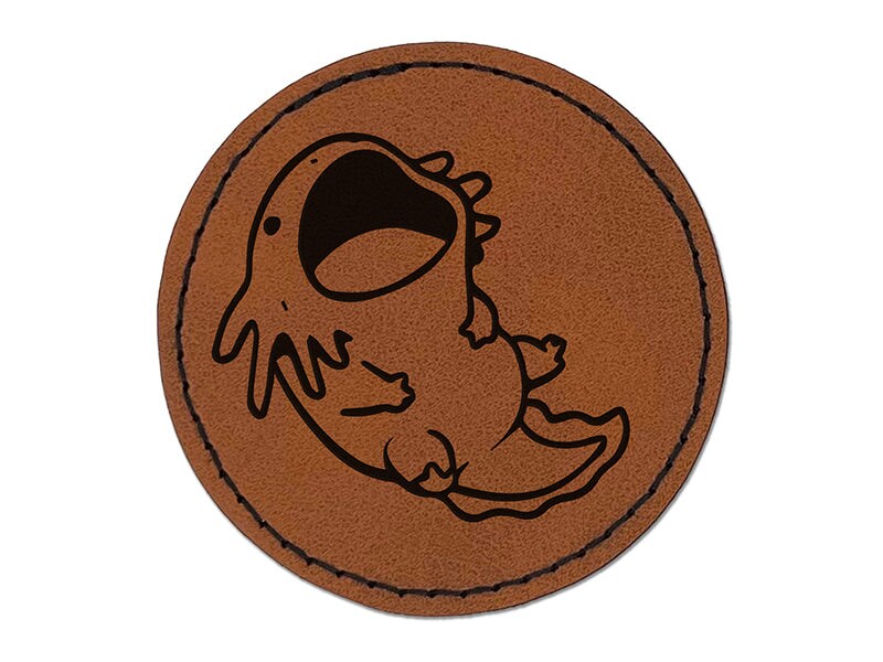 Hungry Axolotl Big Mouth Round Iron-On Engraved Faux Leather Patch Applique - 2.5&#x22;