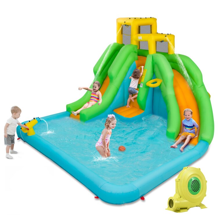 Inflatable Water Park With Double Slides Climbing Wall Splash Pool Basketball