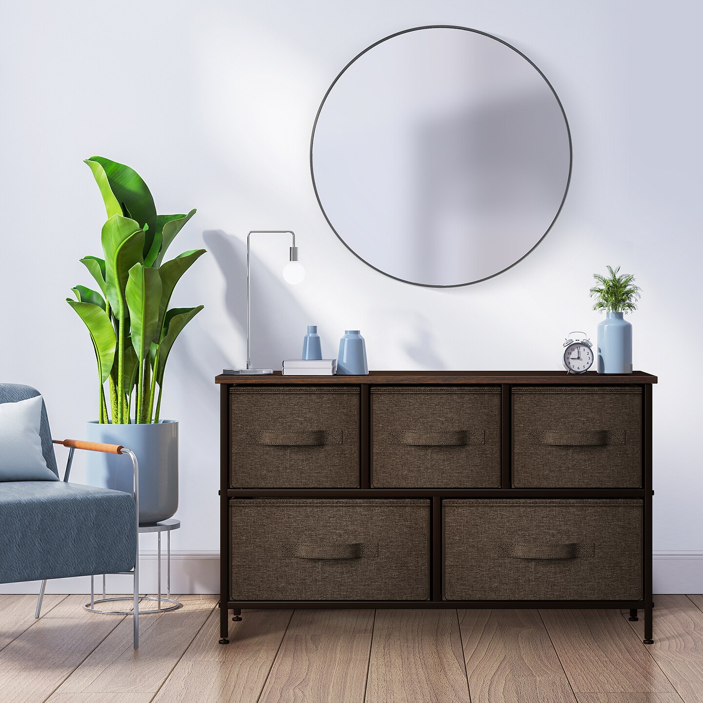 Sorbus Dresser with 5 Drawers - Storage Chest Organizer Unit with Steel Frame, Wood Top, Easy Pull Fabric Bins - Long Wide TV Stand for Bedroom Furniture, Hallway, Closet & Office Organization