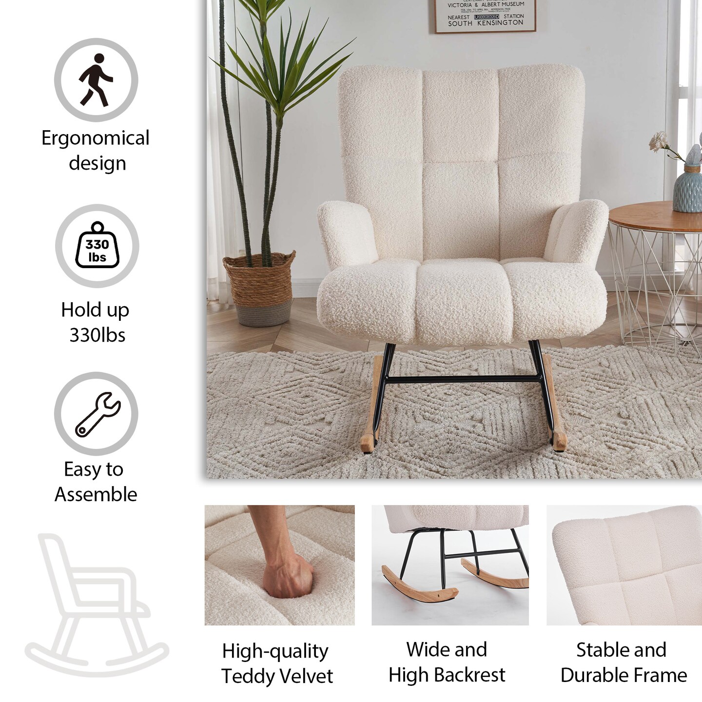 FERPIT Teddy Velvet Rocking Accent Chair Uplostered Glider Rocker