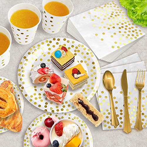 350 Pieces White and Gold Plastic Dinnerware Set, Includes 9" Dinner Plates, 7" Dessert Plates, 9oz Cups, Napkins, Forks, Knives, Spoons
