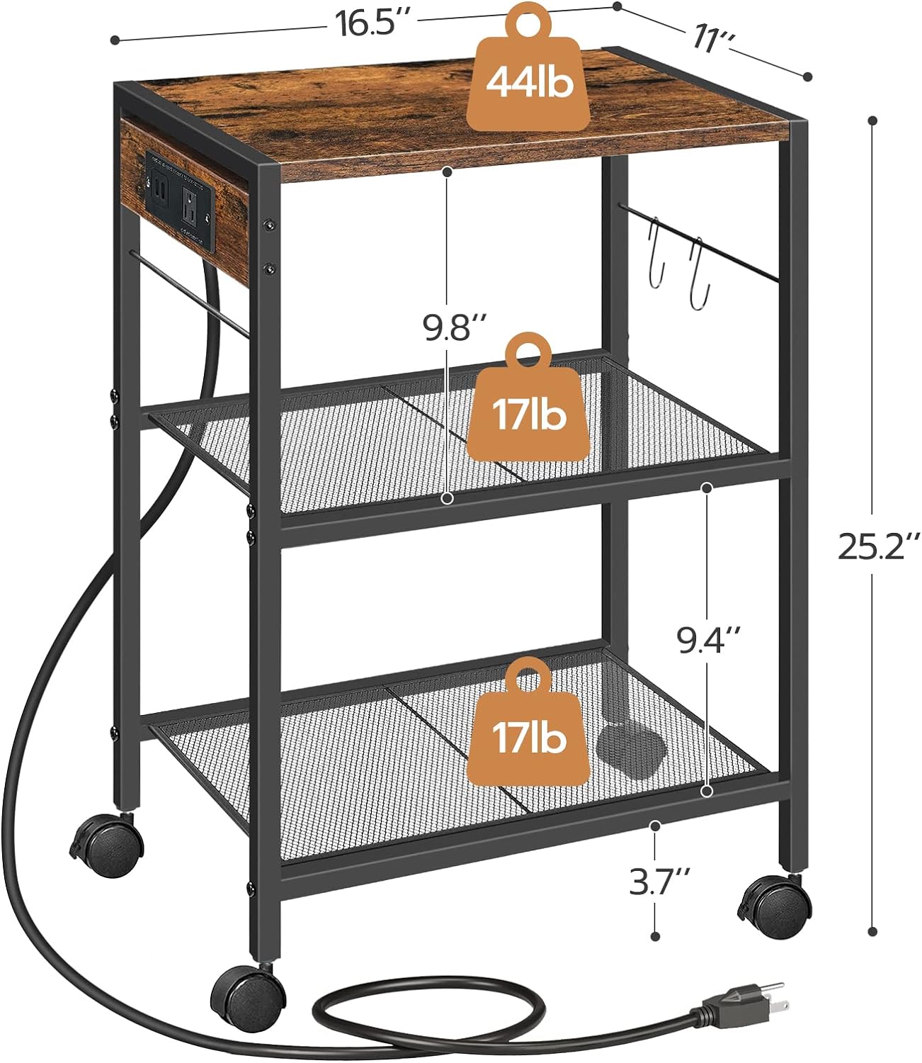 3 Tier Industrial Printer Stand with 2 Hooks