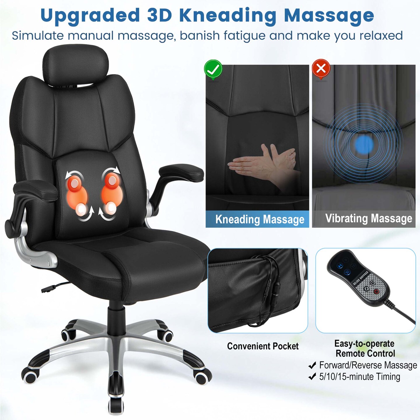 Costway Kneading Massage Office Chair Height Adjustable Swivel Chair with Flip-up Armrests