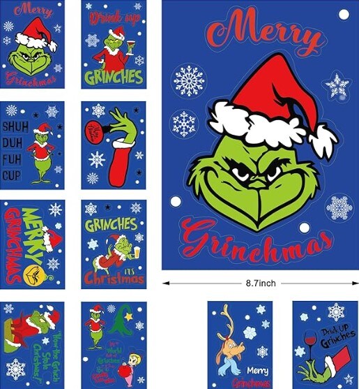120 Cute Grinch Christmas Double Window Clings - Festive Decorations for Home, School, and Office - 10 Sheets of Christmas Window Stickers - Ideal for Christmas Party Supplies