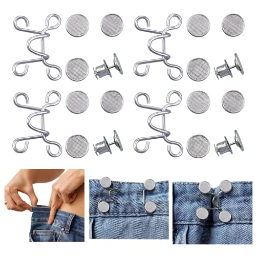 Urmspst 4 Set Pant Waist Tightener, Adjustable Waist Buckle Set, Extra  Button for Jeans to Make Tighter, Button Adjuster for Pants, Jeans, Skirts,  Sleeves, (Silver)