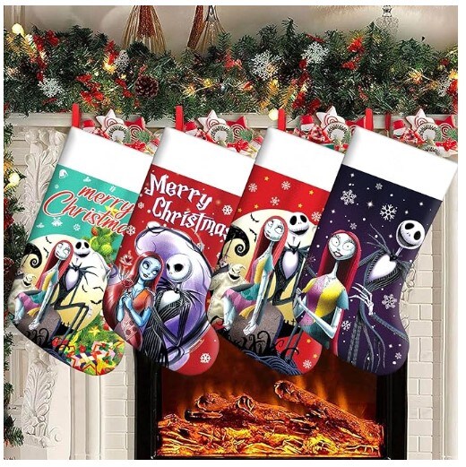 Set of 4 Cartoon Christmas Stockings, 7.5" Big Xmas Stockings Decoration - Christmas Tree with Snowflake Pattern Green Stocking Sets for Home Decor Stairs Fireplace Hanging 4PCS