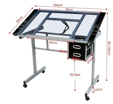 Adjustable Glass Drafting Drafting Study Table for Diamond/Versatile Art Craft Station w/ 2 Slide Rolling Wheels and Drawers for Artist Painters Home Office