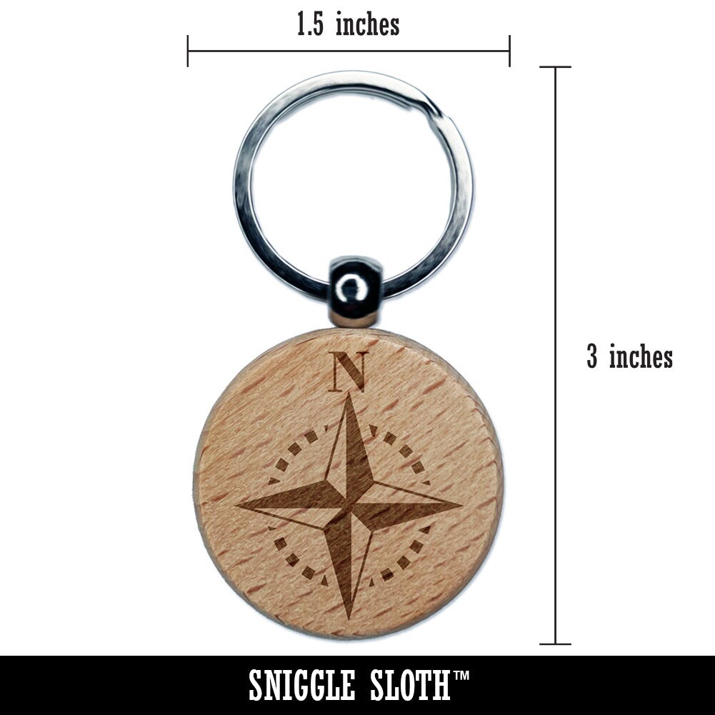 Compass Rose Nautical Star Navigation Map Engraved Wood Round Keychain Tag Charm