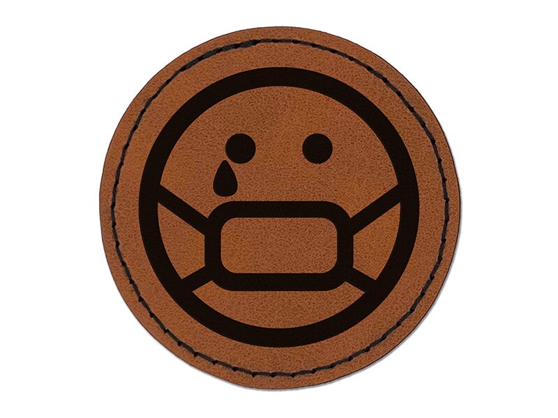 Sick Sad Face Mask Face Emoticon Round Iron-On Engraved Faux Leather Patch Applique - 2.5"