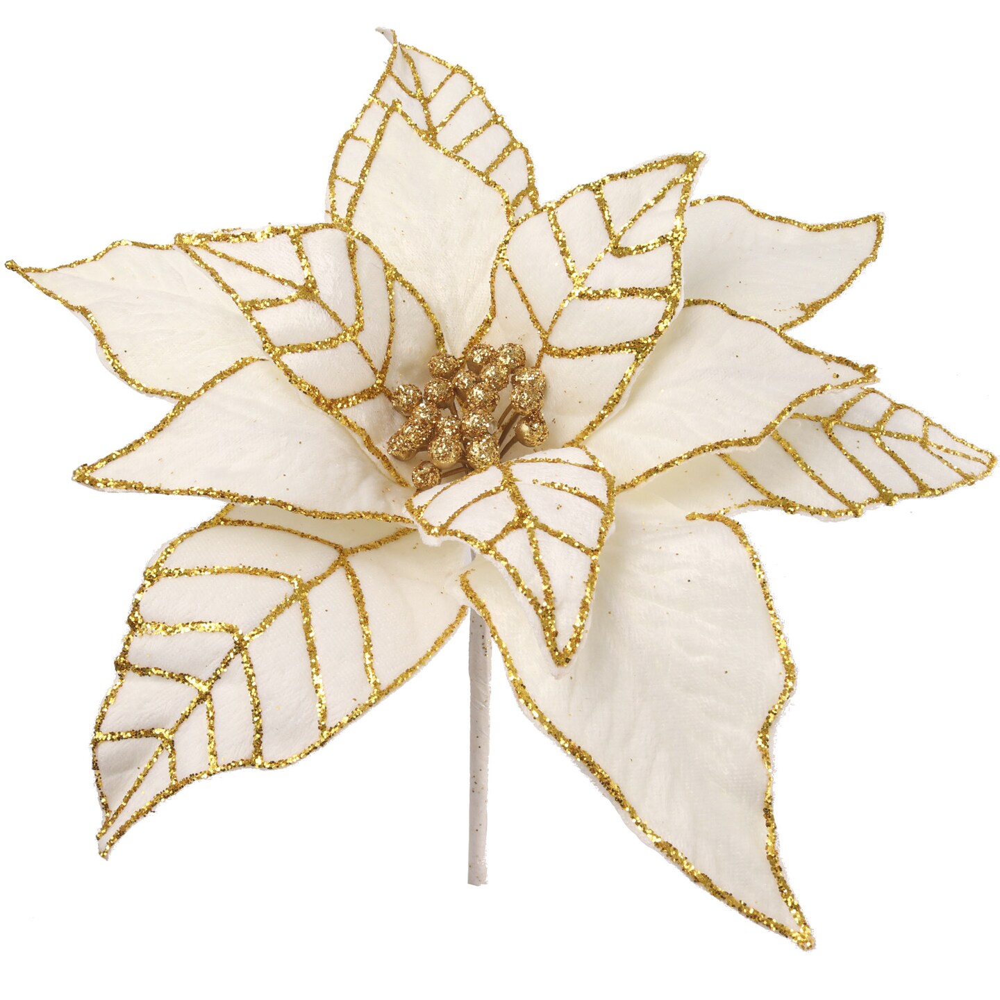 Set of 3: White &#x26; Gold Poinsettia Flower Pick with 10 Lifelike Silk Flowers