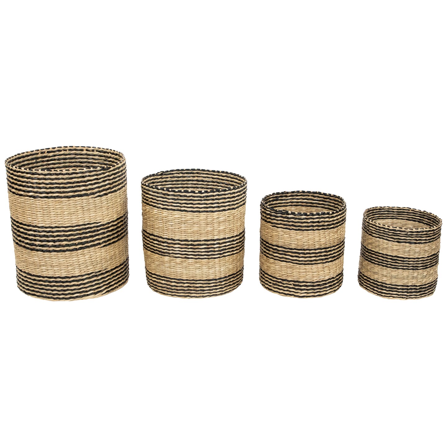 Northlight Set of 4 Beige and Black Striped Woven Round Seagrass Baskets 12"