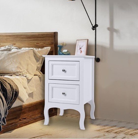 Set of two white nightstands. Farmhouse end side table chest with two drawers for bedroom, living room, or office.