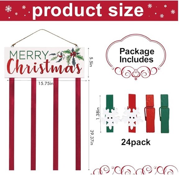 Wall Mounted Christmas Card Holder Merry Christmas Wooden Picture Hanging Holder with 24 Clips for Holiday Decorations