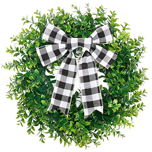 CEWOR 15in Artificial Boxwood Wreath Spring Summer Wreath Faux Greenery Leaves Wreath for Front Door Wall Window Porch Farmhouse Patio Garden Indoor and Outdoor Decor