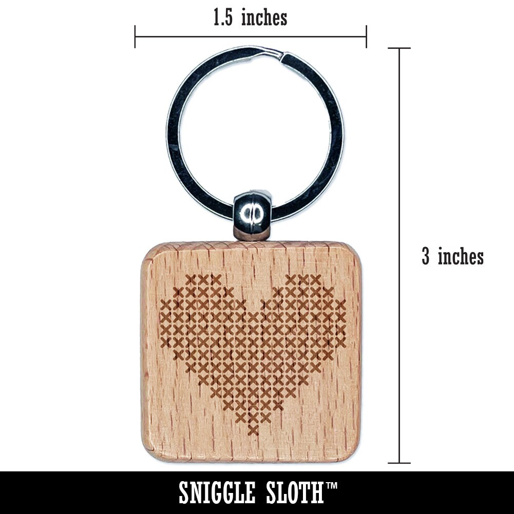 Cross Stitched Heart Engraved Wood Square Keychain Tag Charm