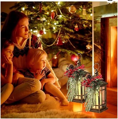 LED Christmas Lantern with Plaid Bow 14&#x22; Christmas Candle Lantern Flashing Candle Light Christmas Decorative Lanterns for Xmas Indoor Outdoor Party Decor (Bronze, Black Red Plaid, 2)