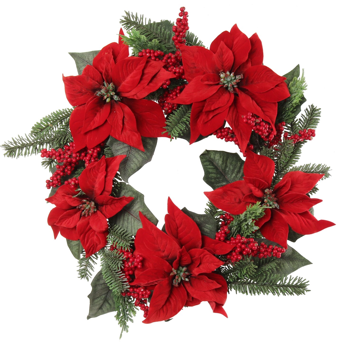 2-Pack: 22&#x22; Velvet Poinsettia Wreath with Red Berries by Floral Home&#xAE;