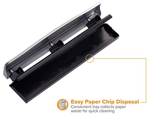 Office Premium 3 Hole Punch, 12 Sheet Capacity, Metal, Rubber Base, Easy-Clean Tray, Silver