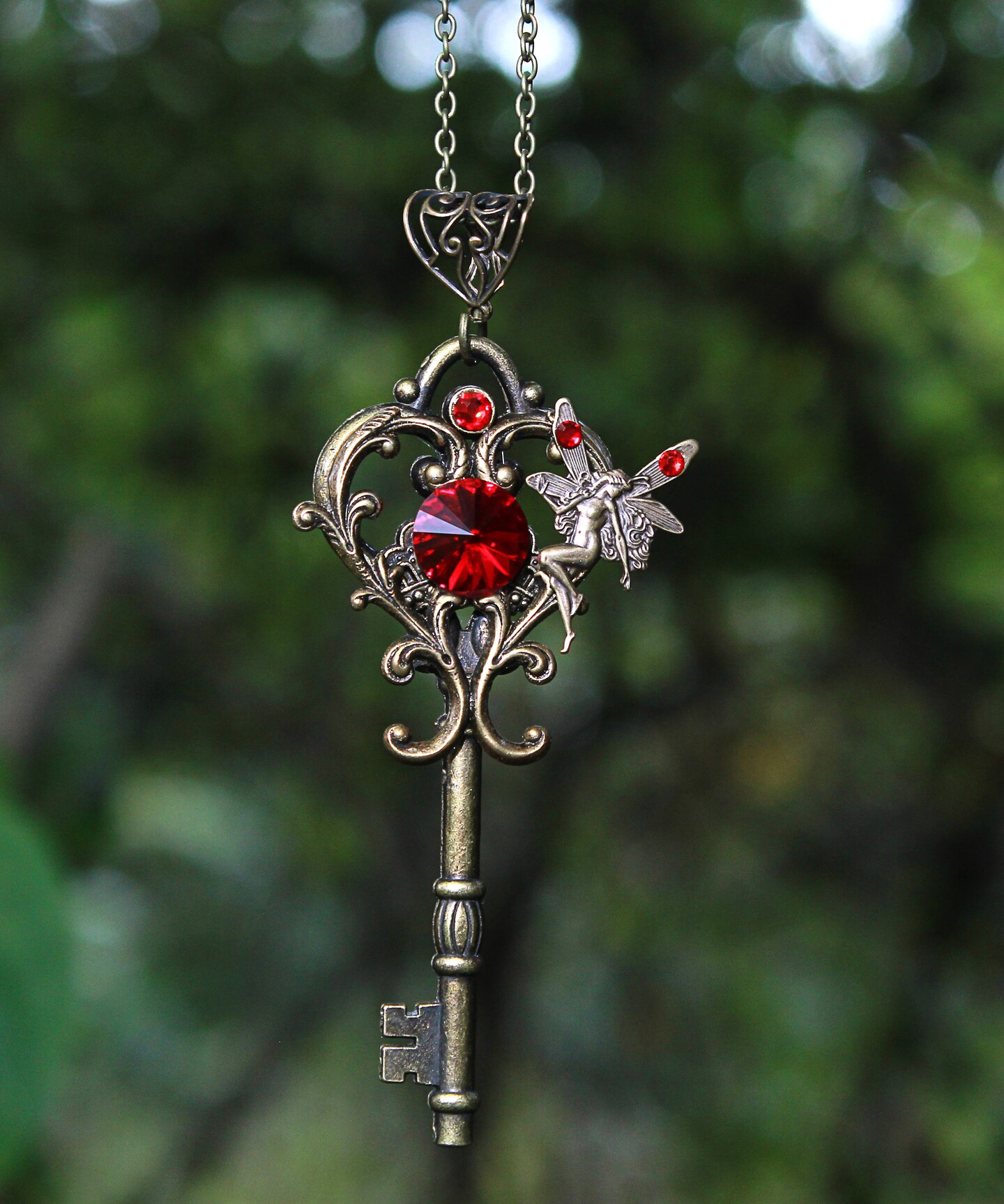 Brass Key to Your Heart Fantasy Necklace with Fairy and Swarovski