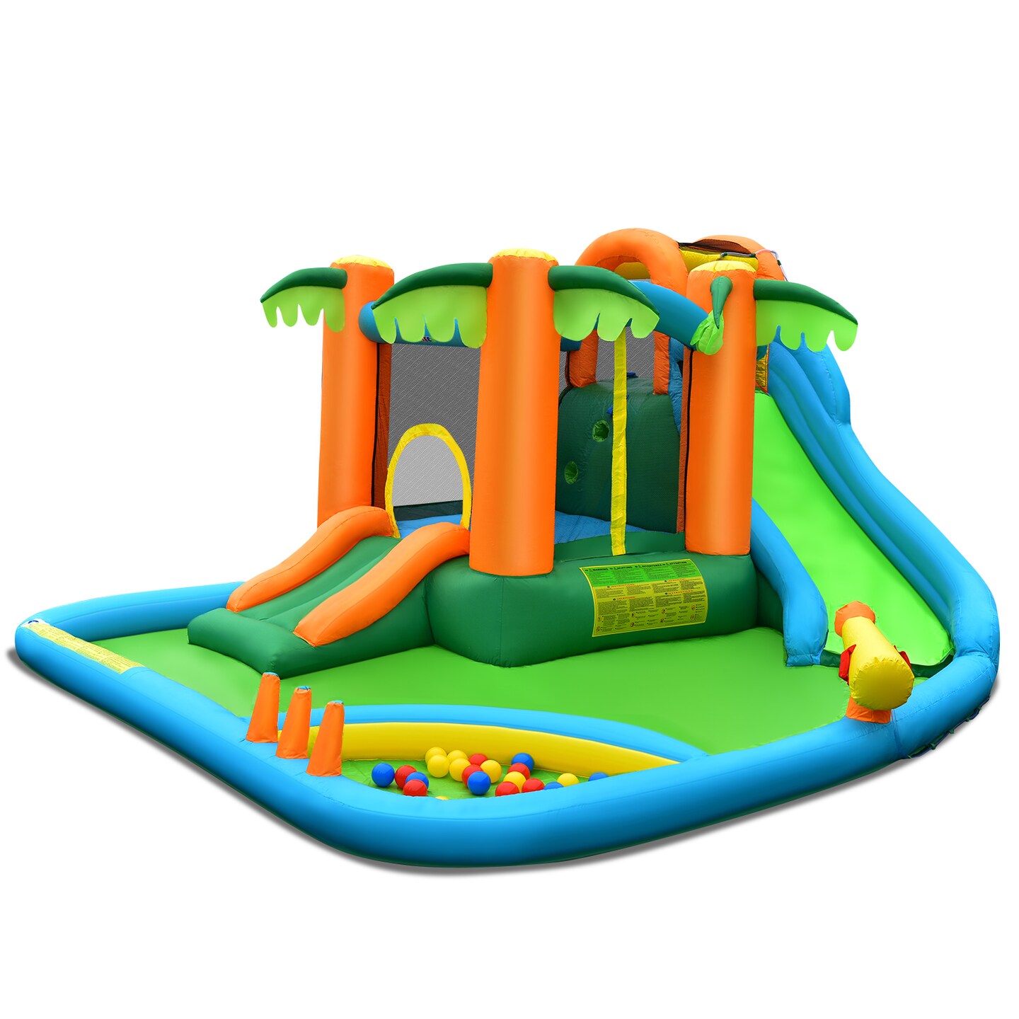 Green Orange Inflatable Slide Bouncer With Mesh Safety Walls Splash Pool And Balls