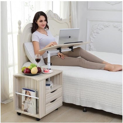 Wooden Nightstand with Swivel Top, Storage Drawers, Wheels, and Open Shelf, 3 Colours (White Maple) Upgraded Multifunctional Height Adjustable Overbed End Table