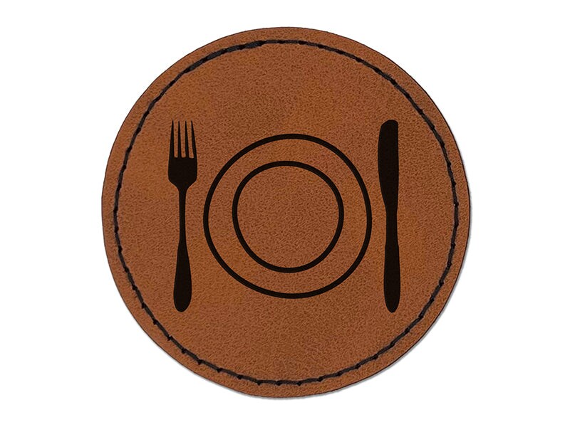 Place Setting Fork Knife Plate Utensil Eating Sketch Round Iron-On Engraved Faux Leather Patch Applique - 2.5&#x22;