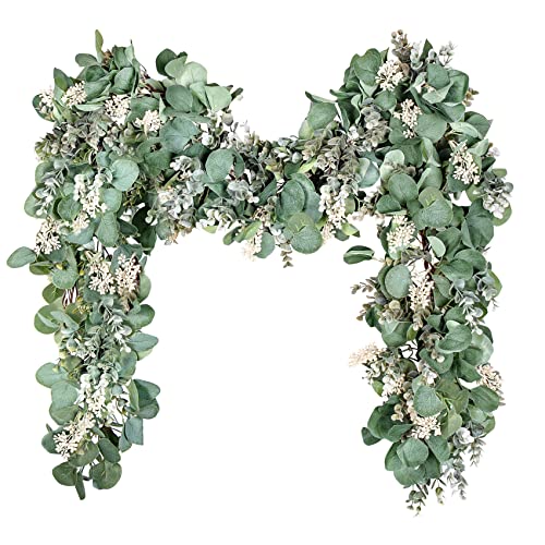 6.56 Ft Eucalyptus Garland Lush Silver Dollar Eucalyptus Leaves Boxwood with White Buds Artificial Greenery Garland Fake Vines for Boho Baby Shower Wedding Party Table Mantle Room Home Decorations