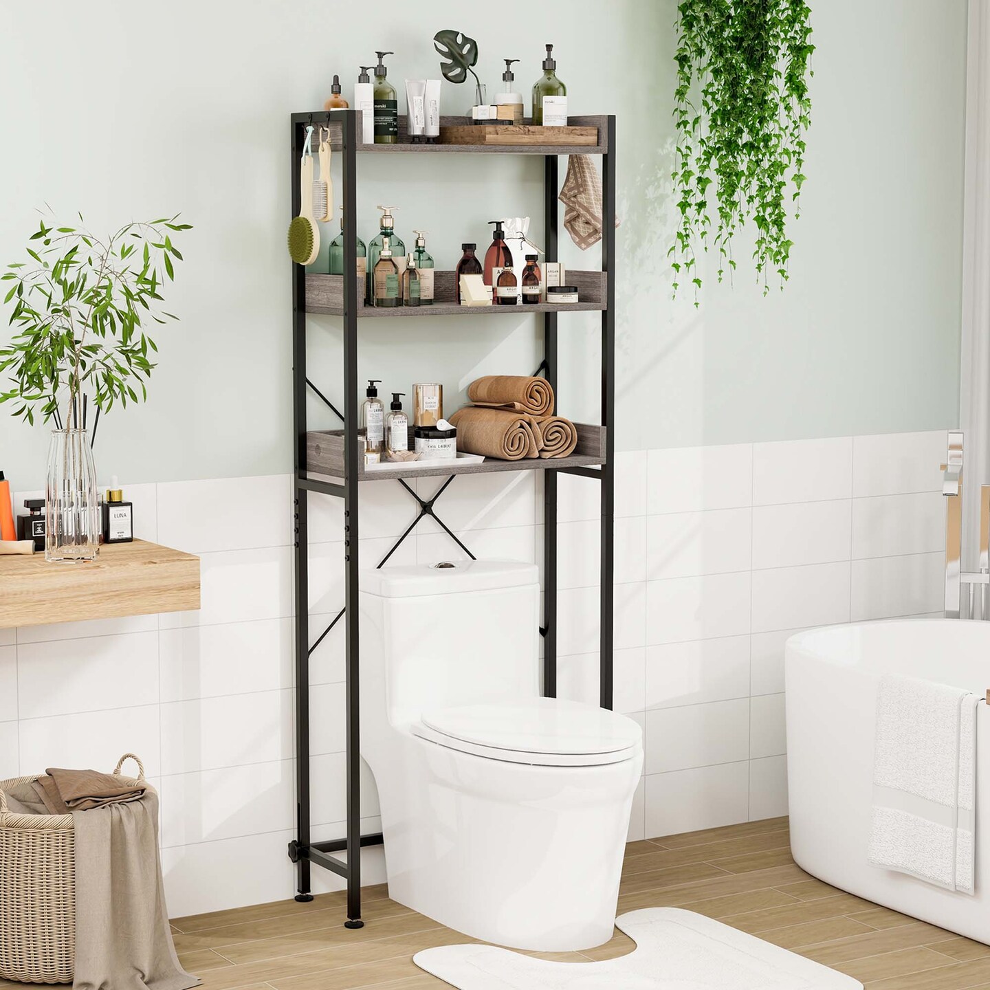 Costway 3-Tier Over-The-Toilet Bathroom Shelf Metal Frame Space Saver Rack with 4 Hooks
