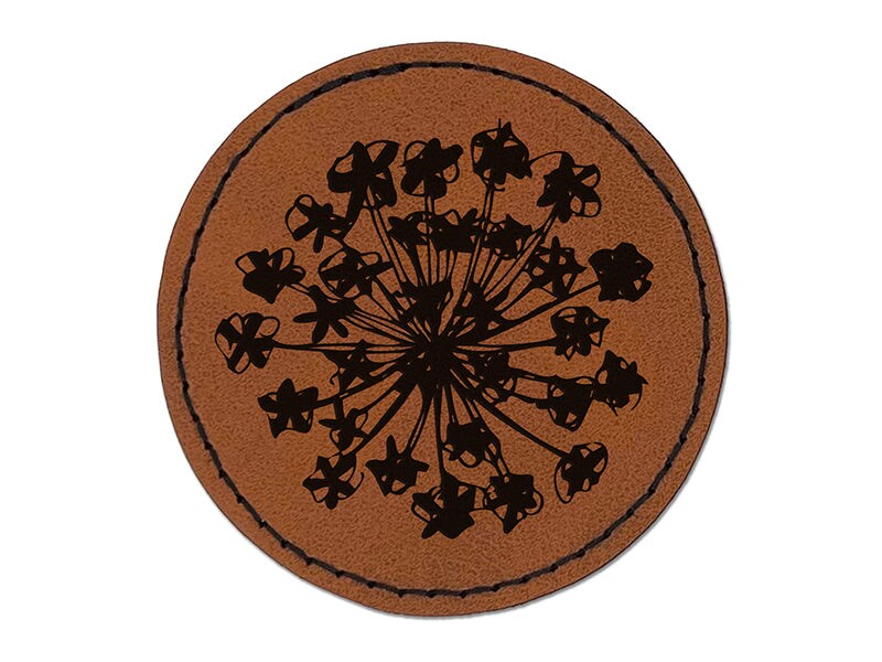 Queen Anne&#x27;s Lace Flower Silhouette Doodle Sketch Round Iron-On Engraved Faux Leather Patch Applique - 2.5&#x22;
