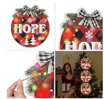Christmas Hanging Sign Decorations with String Lights Red Black Plaid Front Door Sign Plastic Peace Love Joy Welcome Wreath Sign for Xmas Holiday Party Porch Windows Walls Decor Supplies 6 Pcs