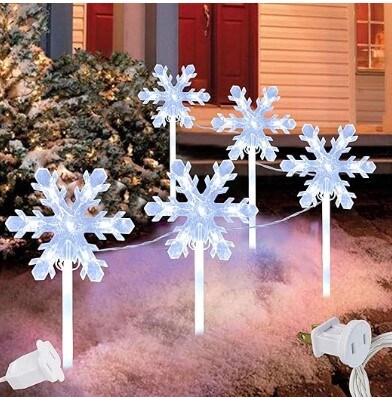 Pack of 5 Upgrade Outdoor Snowflake Christmas Pathway Lights, 9" x 23" Large Snowflake Lights Pathway Marker, Plug in & Connectable Decorative Lights with Stakes for Walkway Patio Yard Decor