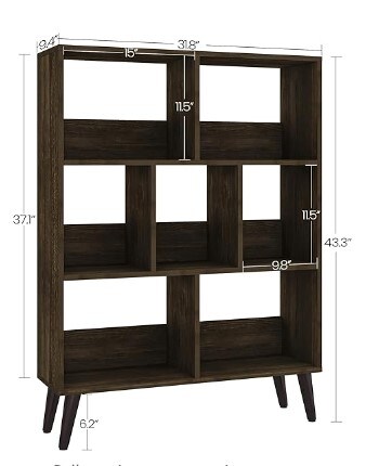 Brown 4-Tier Wooden Bookcase, 7 Cube Storage Organizer Bookshelves, Mid-Century Retro Bookcases with Solid Wood Legs, Free Standing Book Shelf for Home Office, Living Room