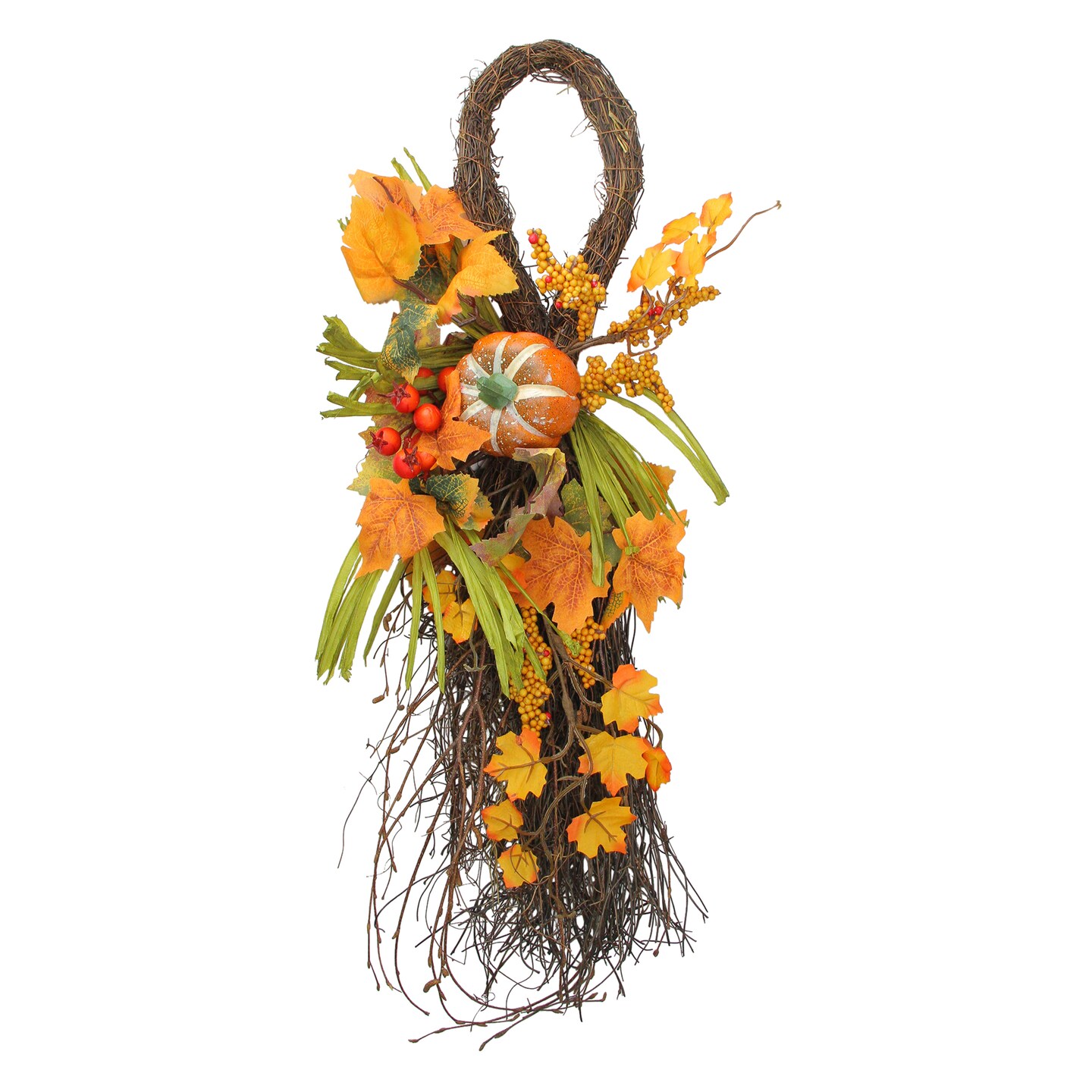 Northlight 26&#x22; Autumn Harvest Berries and Pumpkin Artificial Teardrop Swag - Orange/Yellow