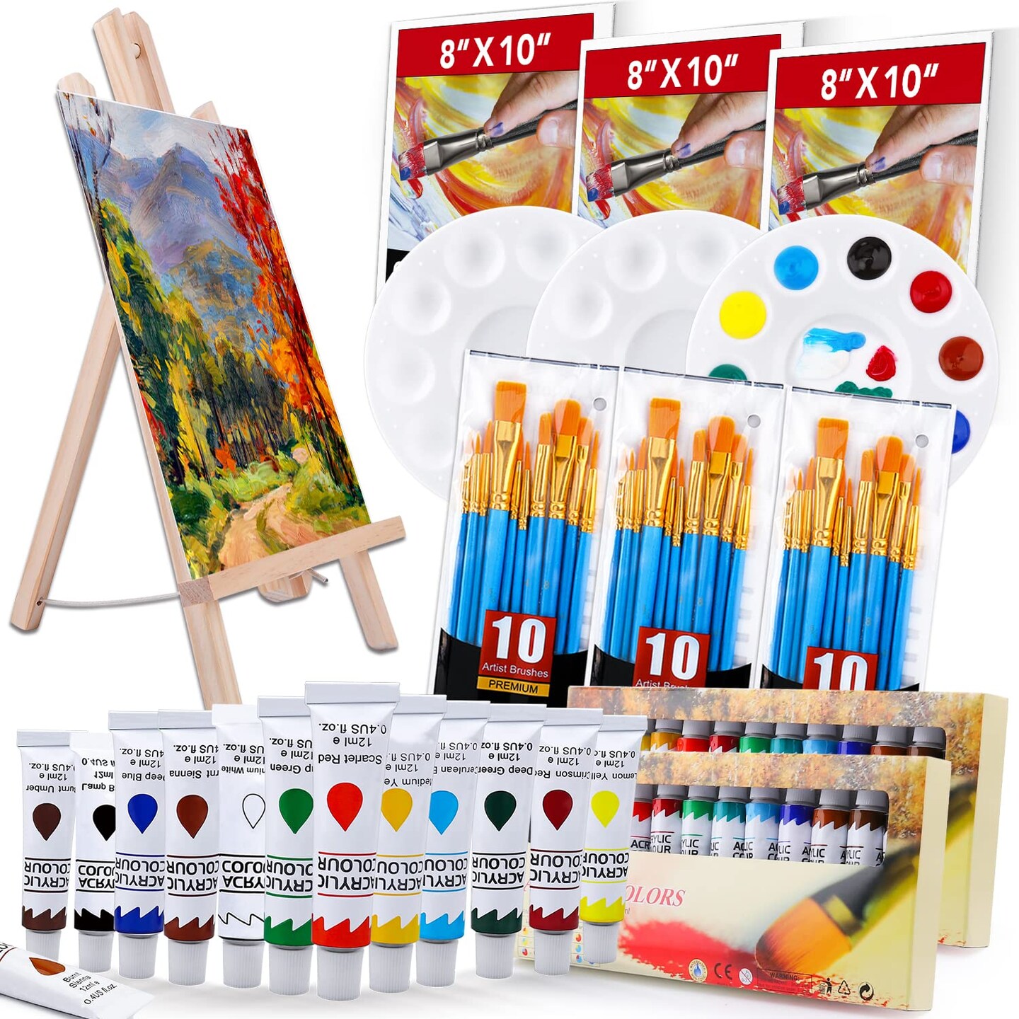 Acrylic Paint Set with Wooden Easel, 3 Canvas Panels, 30 Brushes, Paint Plates, and 12ml Acrylics in 12 Colors for Artists