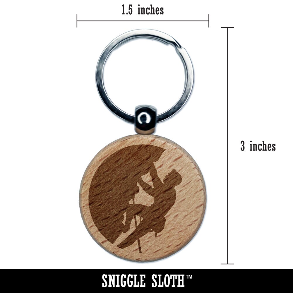 Mountain Climber Rock Climbing Hiking Engraved Wood Round Keychain Tag Charm