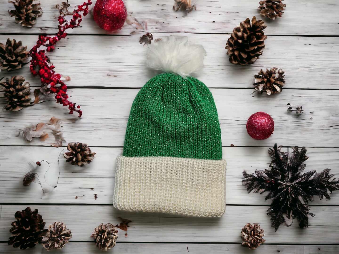 Handmade, Double Knit Hat in Green sparkle, white brim and white faux