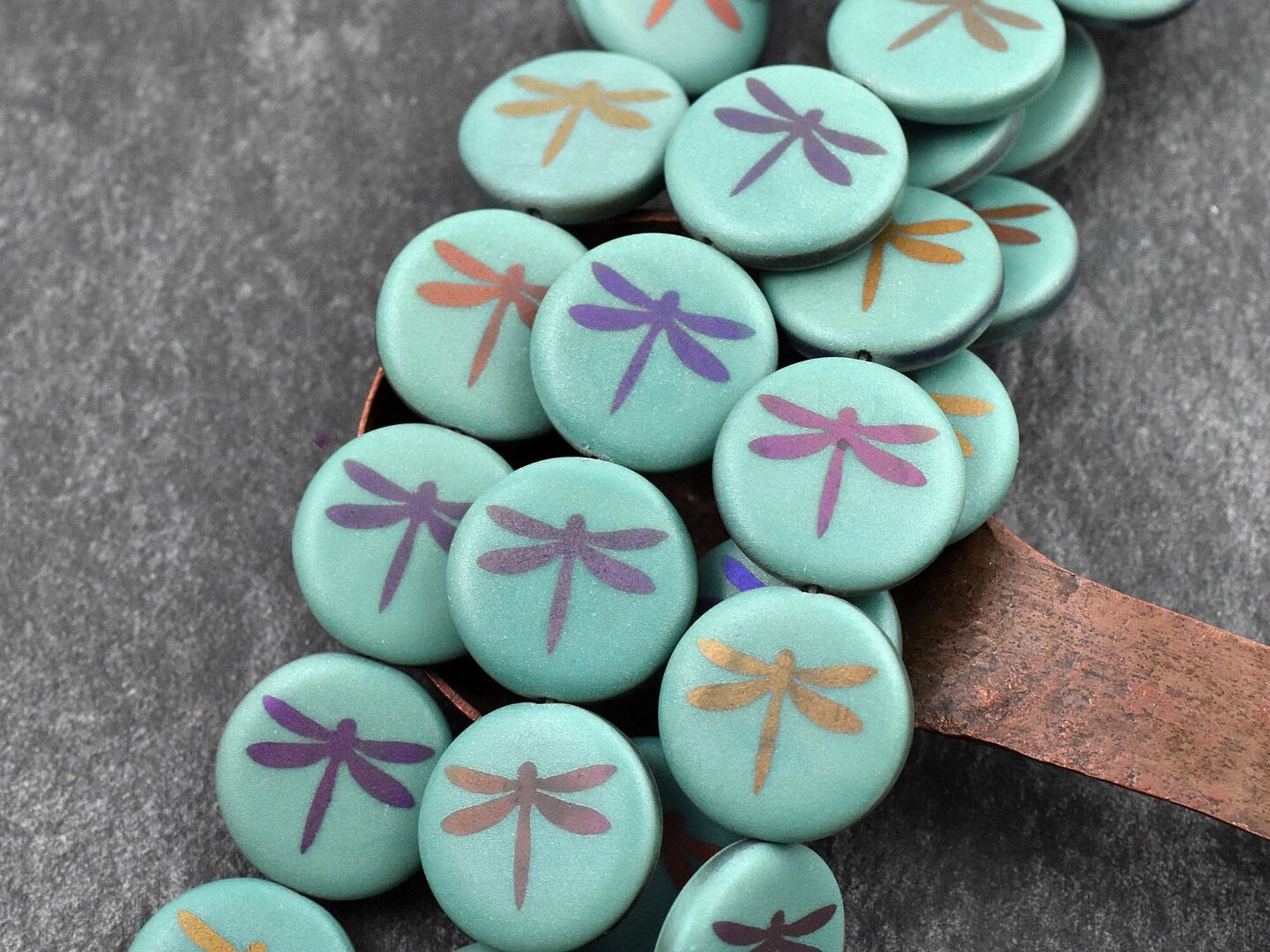 *8* 17mm Opaque Dark Turquoise Laser Tattoo Dragonfly Coin Beads