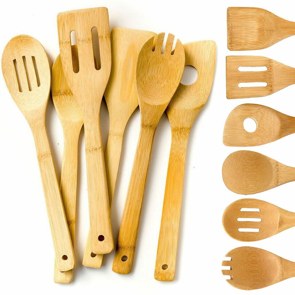 6 Piece Wooden Cooking Utensil Set Bamboo Kitchen Spatula Spoons Tools